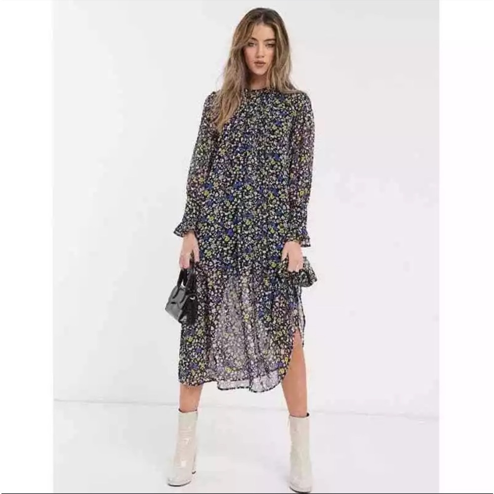 ASOS floral pleated multi color midi dress S 4 lose fit black pink yell…